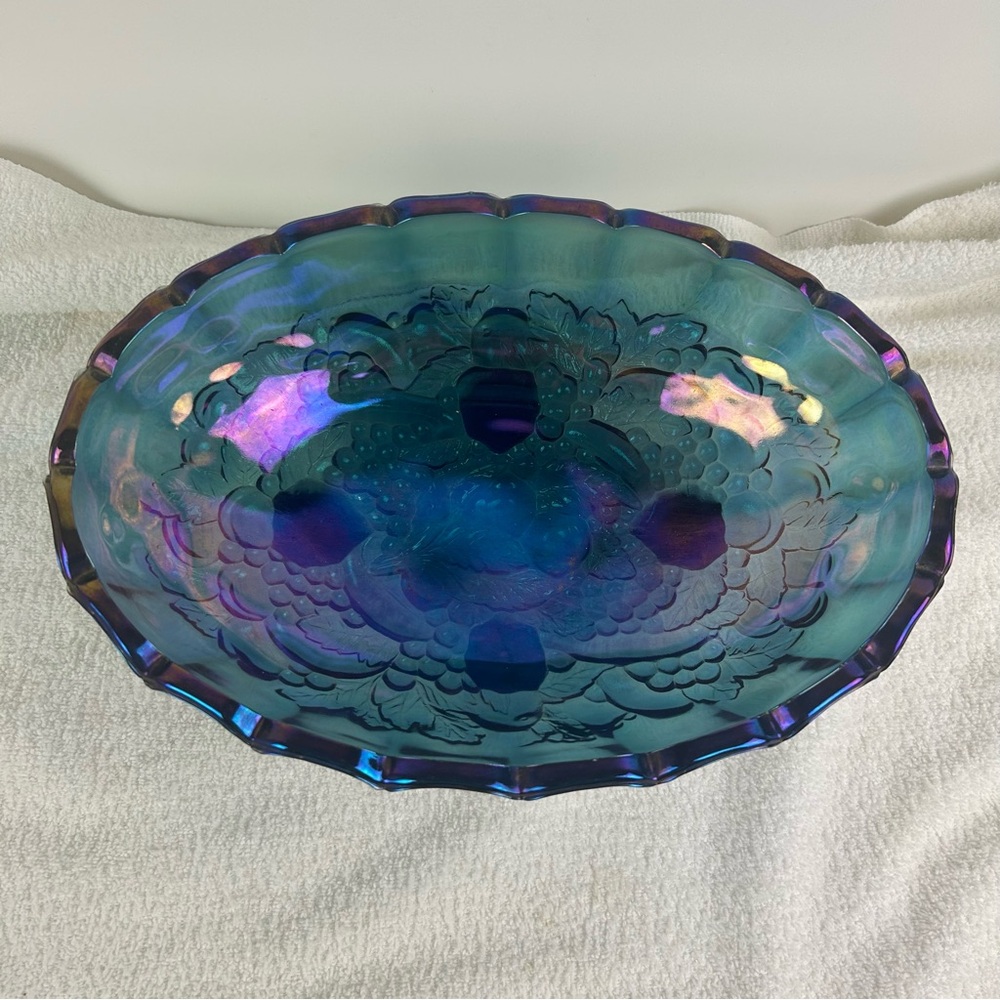 VTG Indiana Blue Iridescent Carnival Glass Grape Centerpiece Console Fruit Bowl - Picture 2 of 11